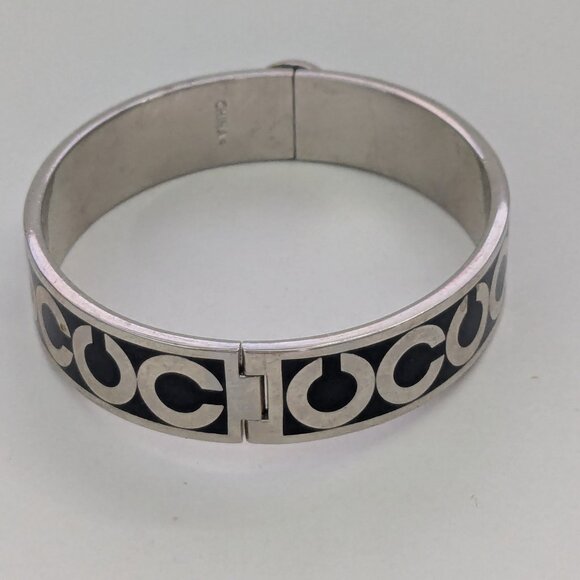 COACH Black Silver Monogram Oval Hinged Bangle Bracelet - Picture 5 of 6